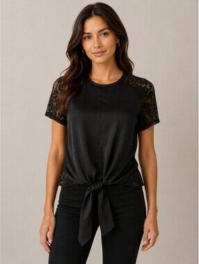 Express Black Y2K Chiffon Lace Sheer Tie-Front Top Blouse XS Whimsical Flowy